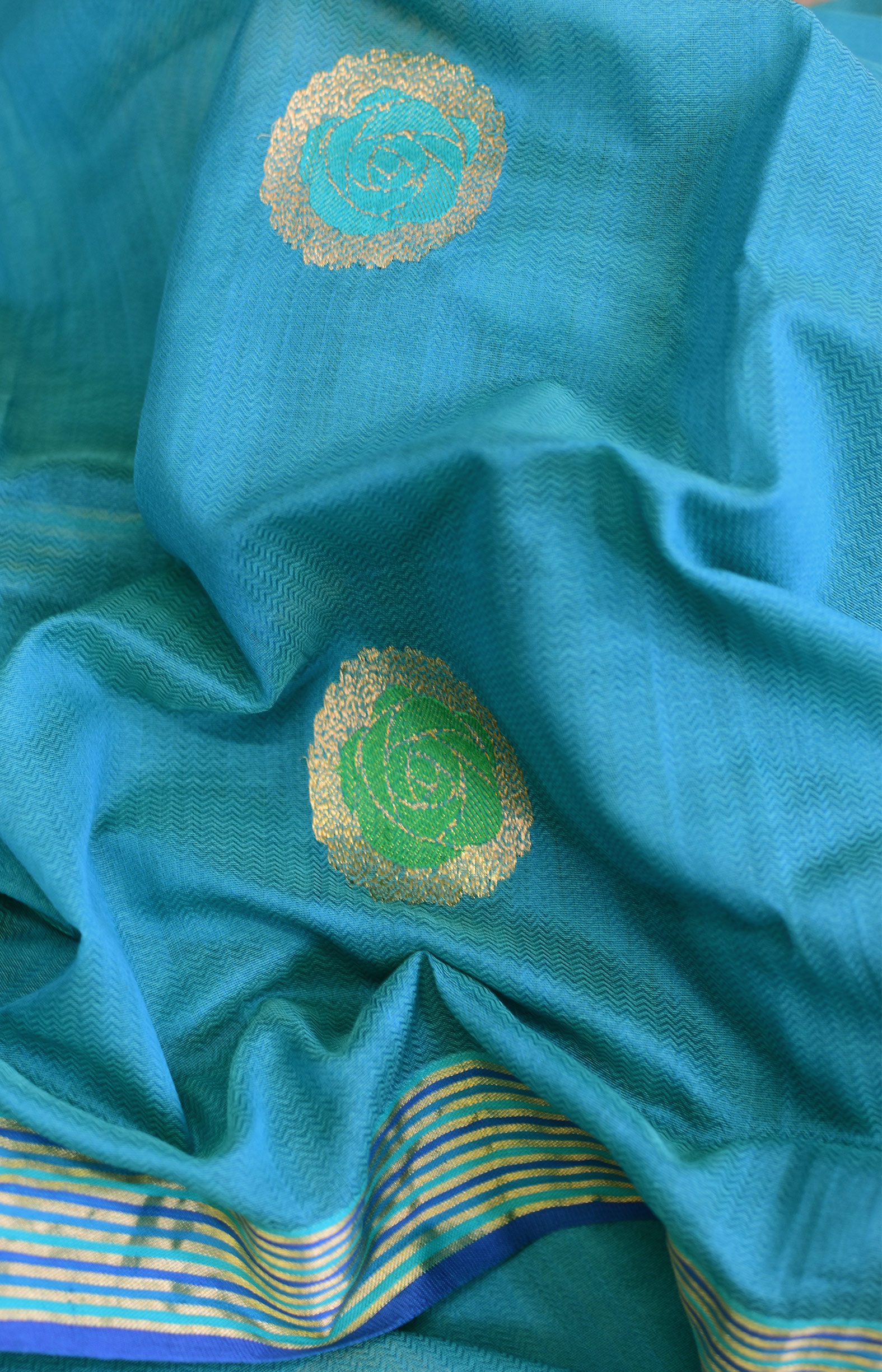 Bluish Green, Handwoven Organic Cotton, Textured Weave , Jacquard, Festive Wear, Jari, Butta Saree